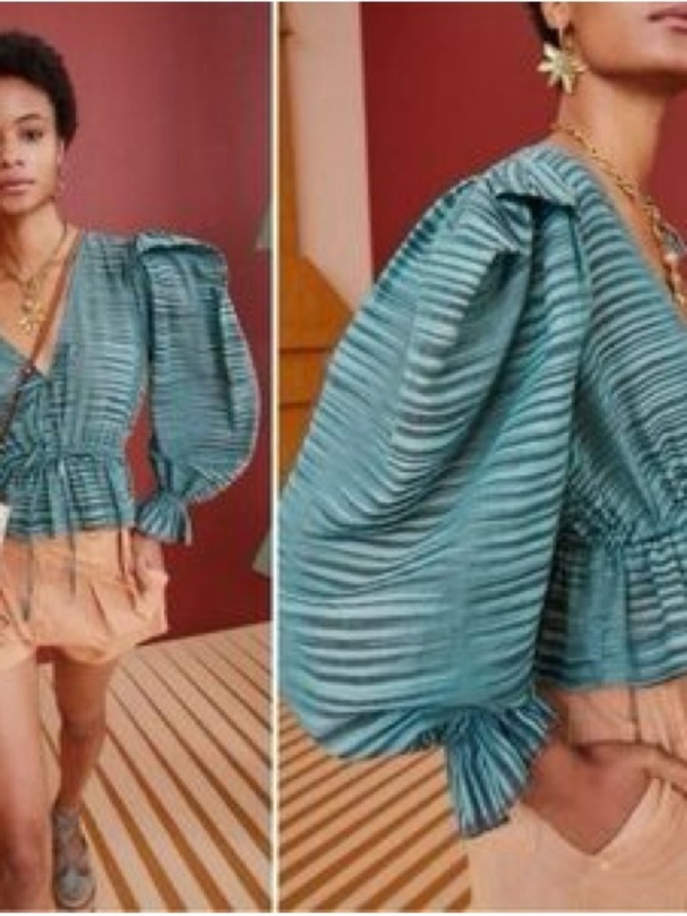 Ulla Johnson Ophelia Peplum Top Teal Striped Cotton Size 6 Long Sleeve Blouse